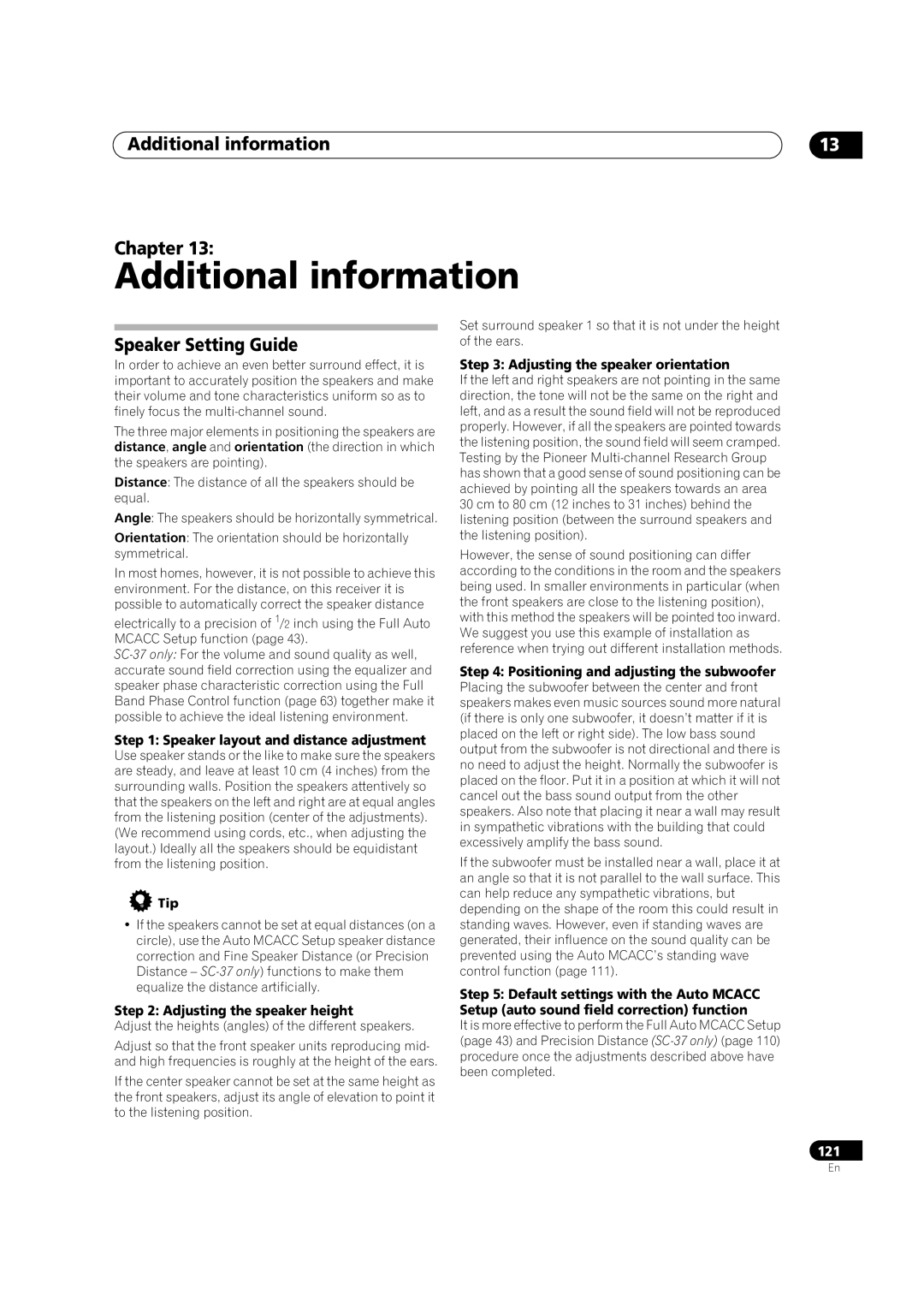 Pioneer SC-35 manual Additional information Chapter, Speaker Setting Guide 