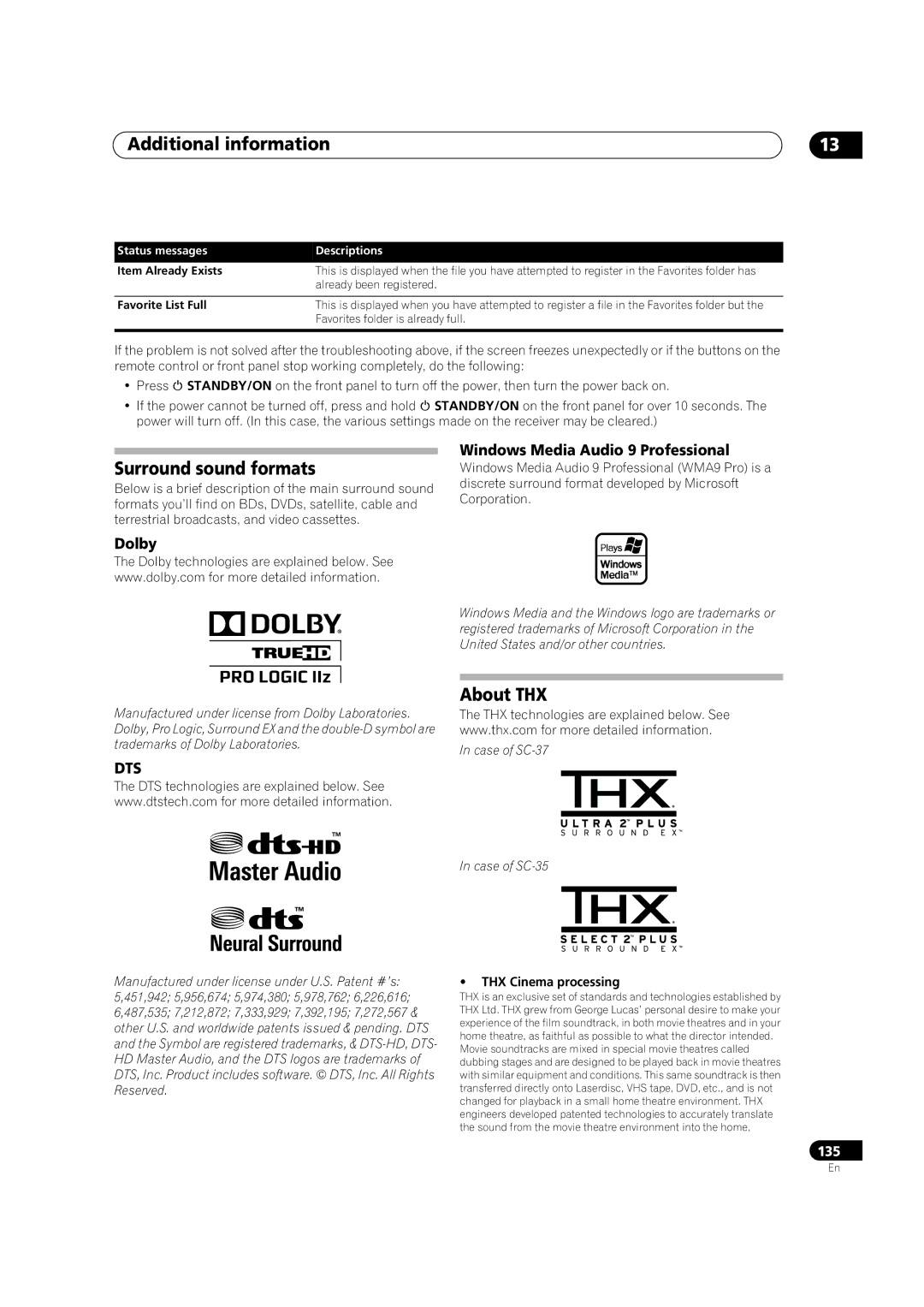 Pioneer SC-35 manual Surround sound formats, About THX, Windows Media Audio 9 Professional, Dolby, THX Cinema processing 