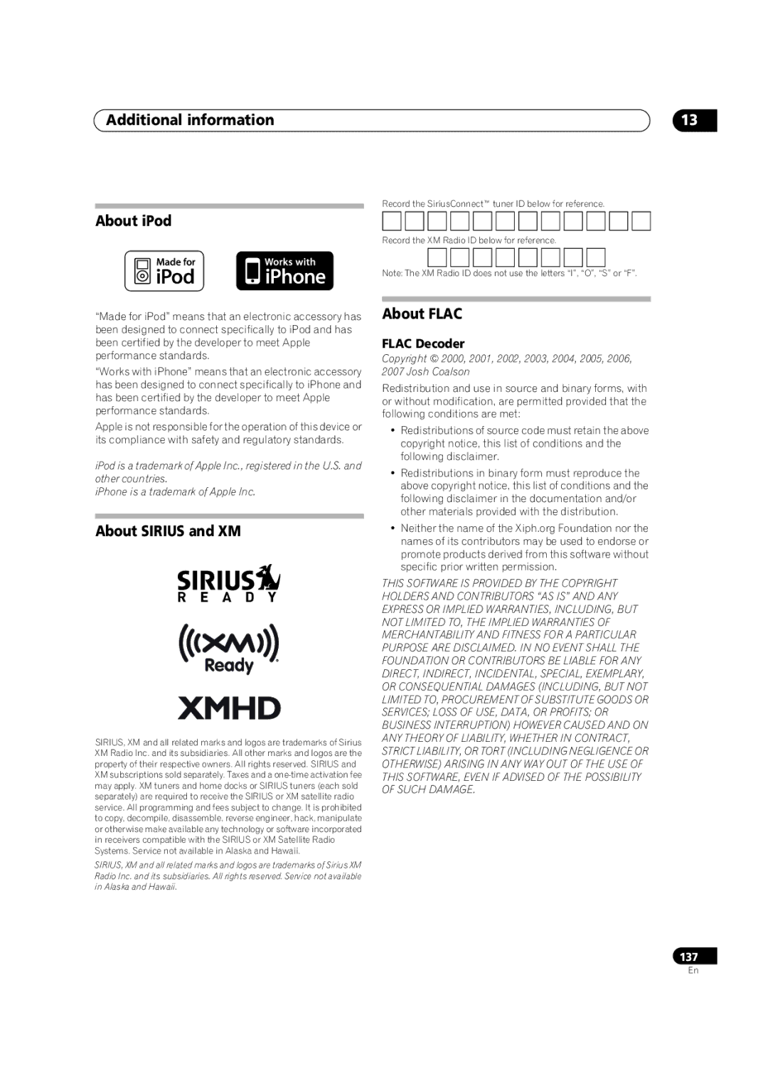 Pioneer SC-35 manual About iPod, About Sirius and XM, About Flac, Flac Decoder 