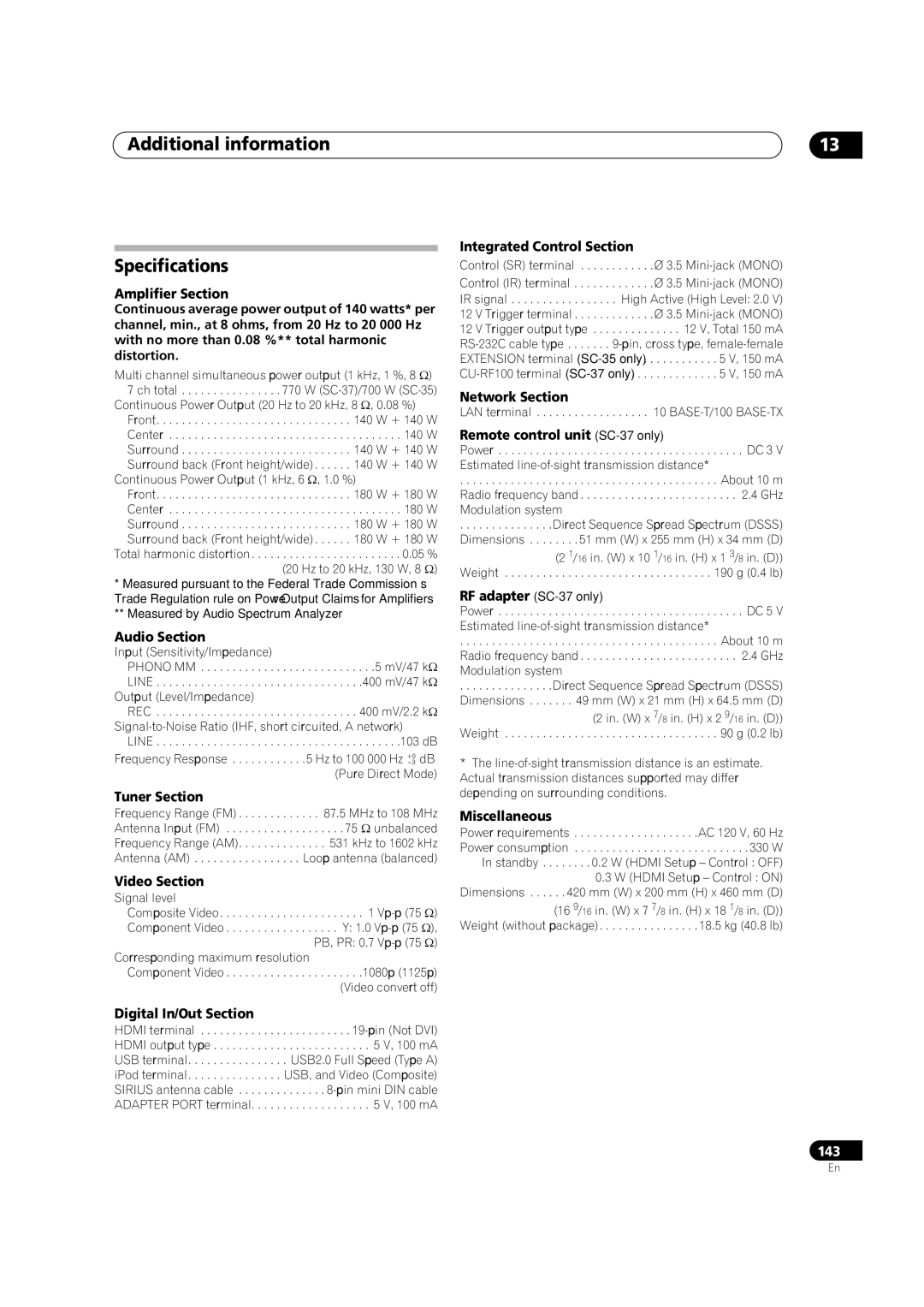 Pioneer SC-35 manual Additional information Specifications 