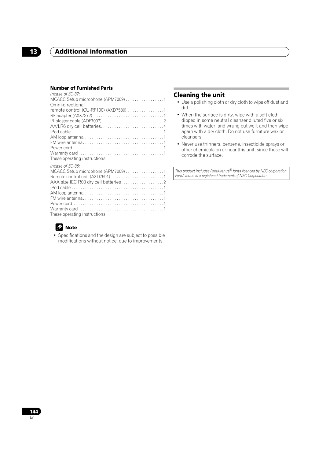 Pioneer manual Cleaning the unit, Number of Furnished Parts, Incase of SC-37, Incase of SC-35 