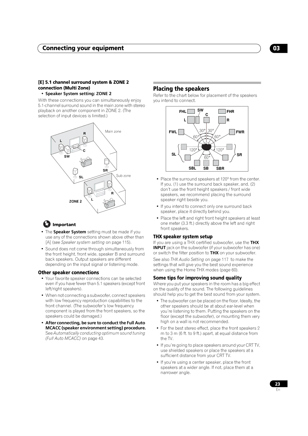 Pioneer SC-35 manual Placing the speakers, Other speaker connections, THX speaker system setup 