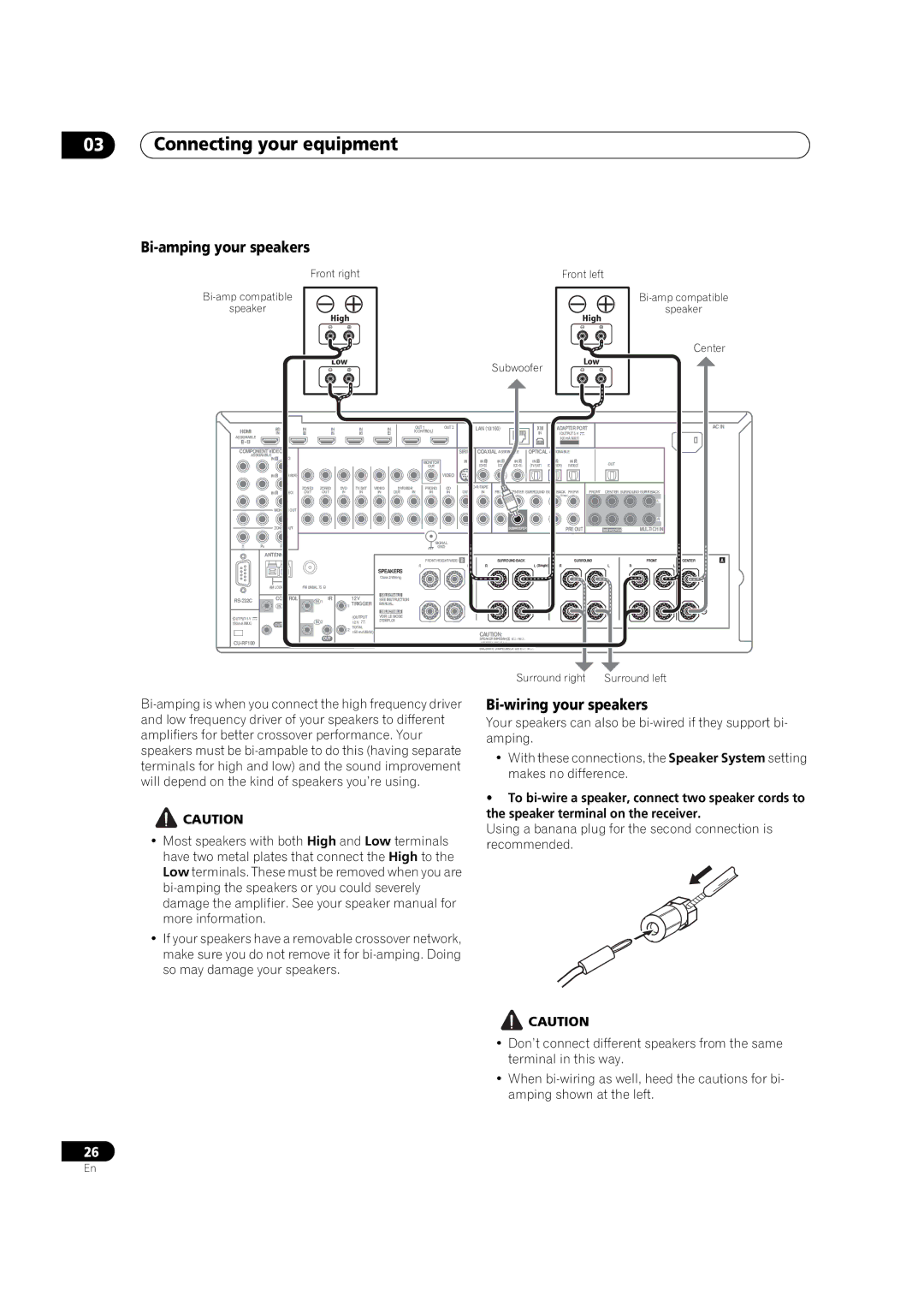 Pioneer SC-35 manual Bi-amping your speakers, Bi-wiring your speakers 