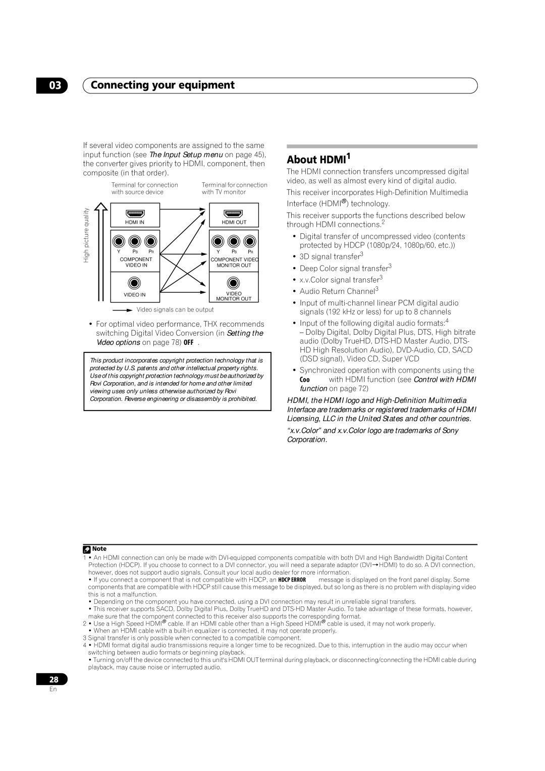 Pioneer SC-35 manual About HDMI1, Color and x.v.Color logo are trademarks of Sony Corporation 