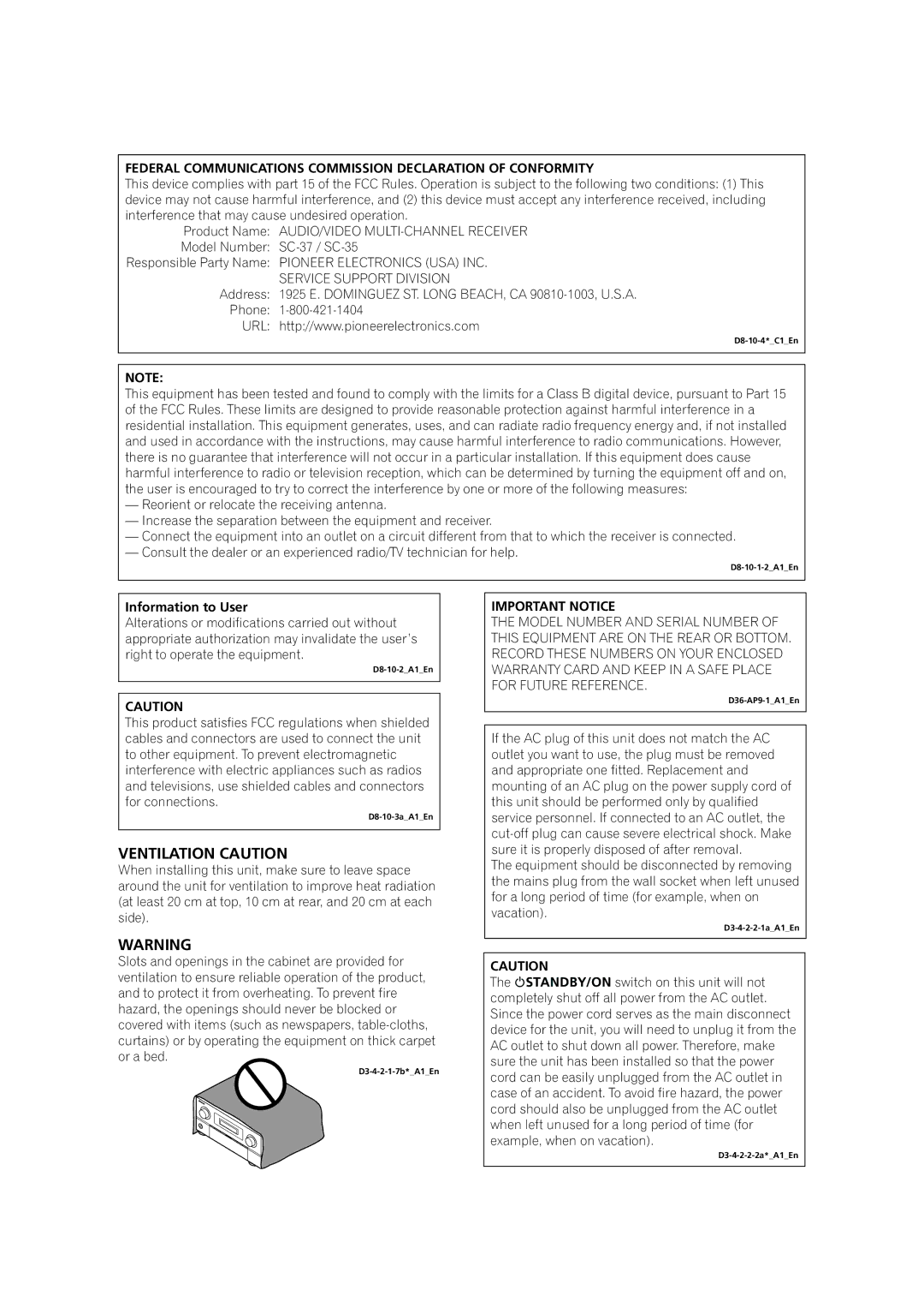 Pioneer SC-35 manual Federal Communications Commission Declaration of Conformity, Information to User, Important Notice 