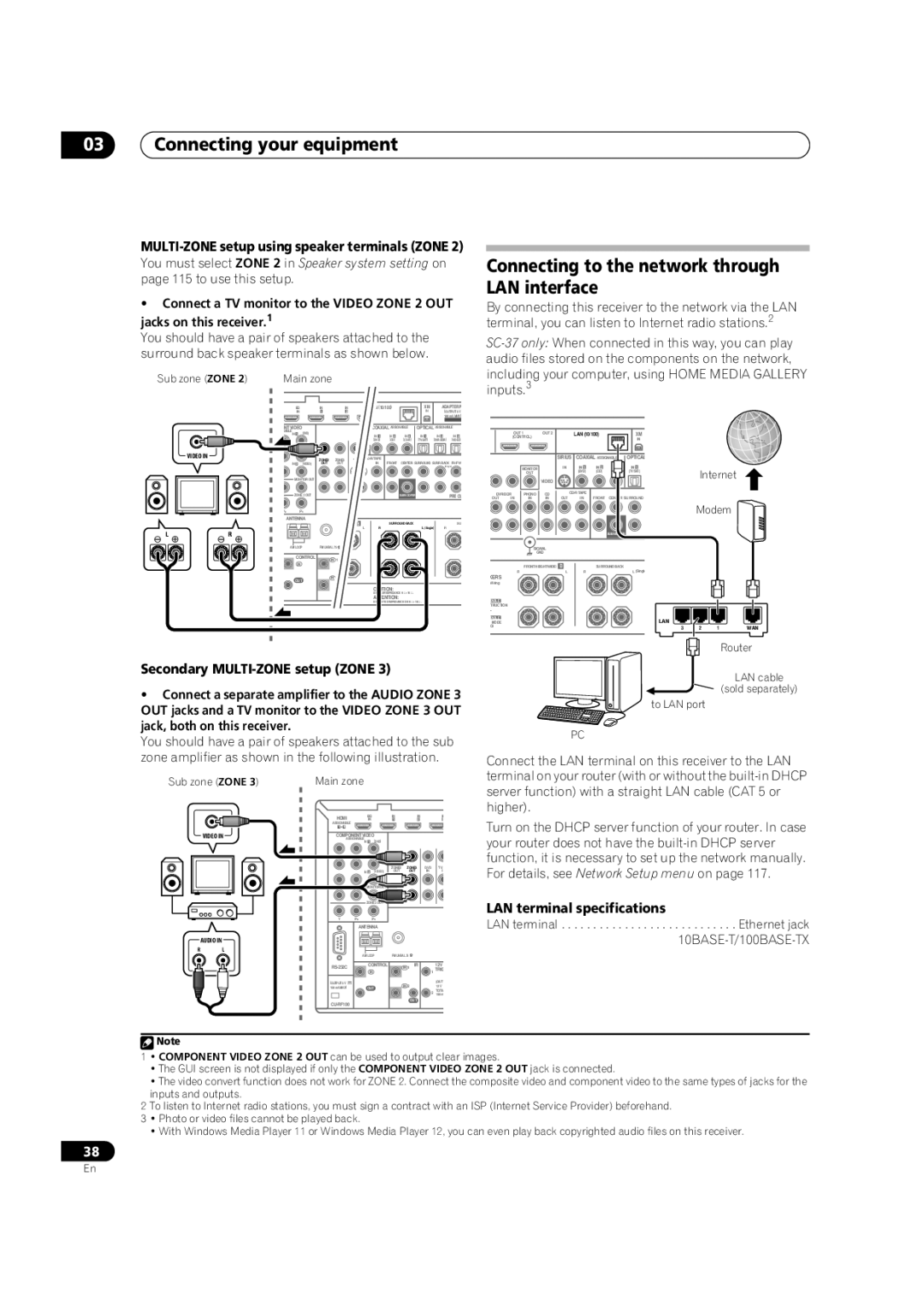 Pioneer SC-35 manual Connecting to the network through LAN interface, MULTI-ZONE setup using speaker terminals Zone 