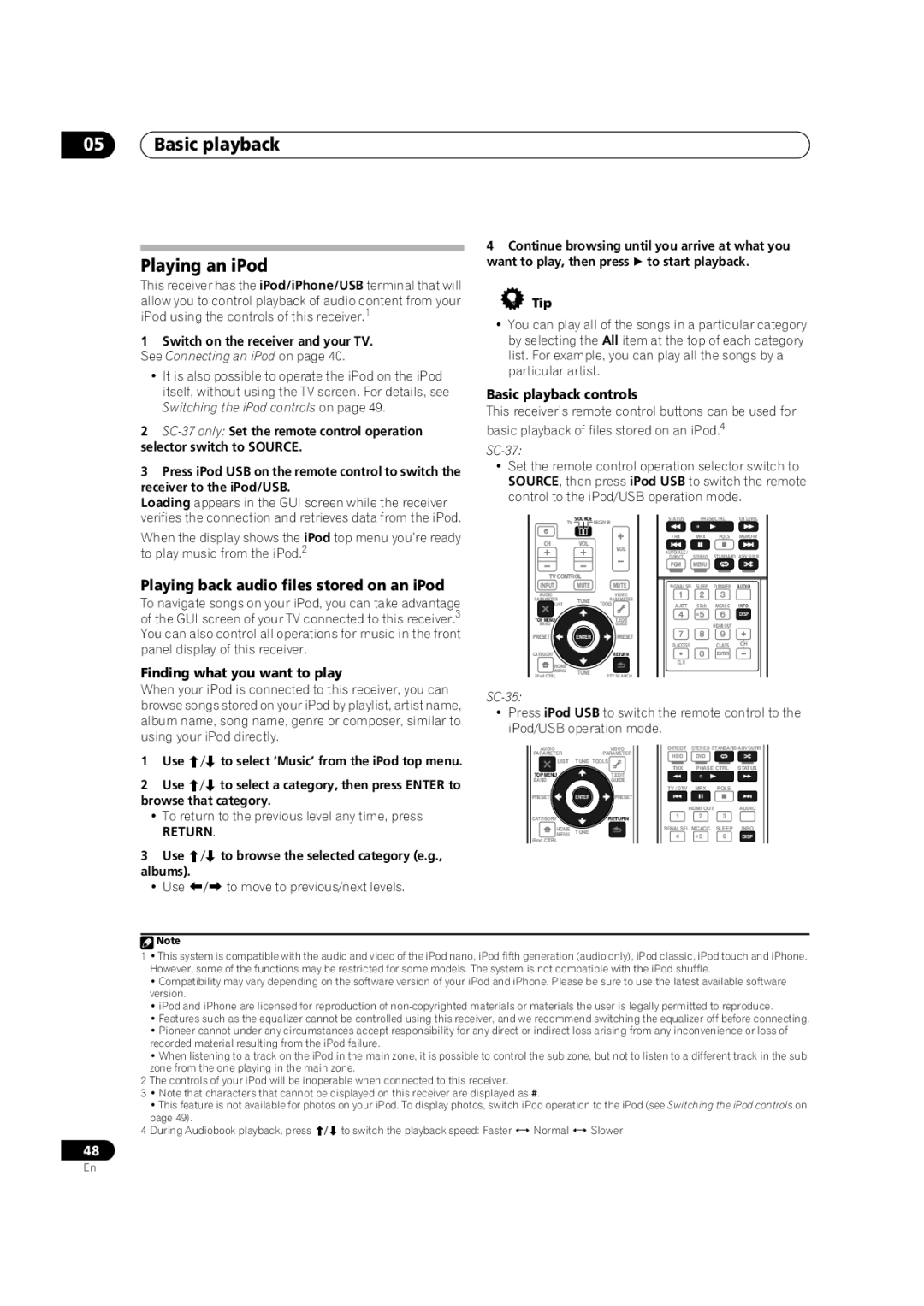 Pioneer SC-35 Basic playback Playing an iPod, Playing back audio files stored on an iPod, Finding what you want to play 