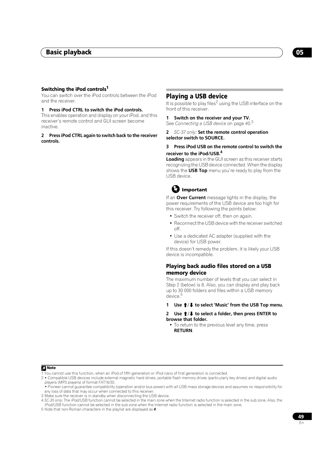 Pioneer SC-35 manual Basic playback, Playing a USB device, Playing back audio files stored on a USB memory device 