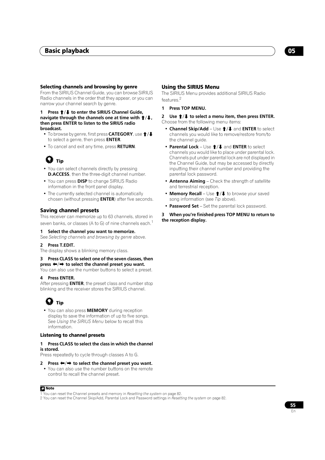 Pioneer SC-35 manual Using the Sirius Menu, Select the channel you want to memorize 