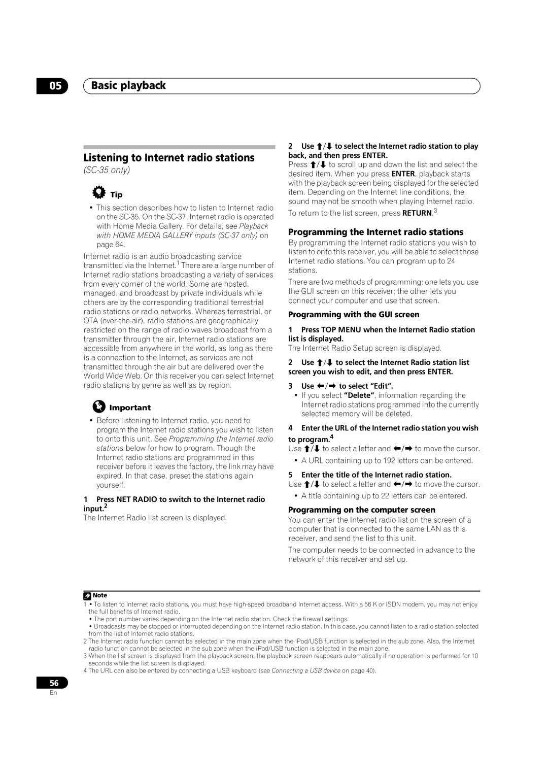 Pioneer SC-35 manual Basic playback Listening to Internet radio stations, Programming the Internet radio stations 