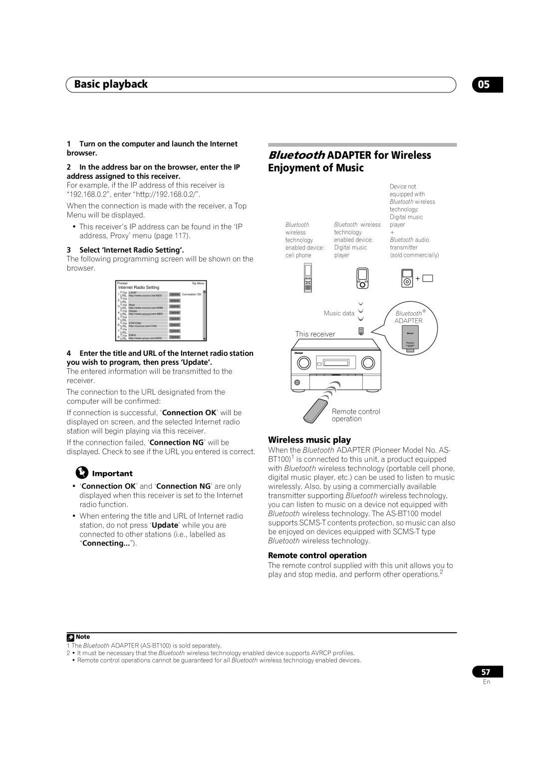 Pioneer SC-35 manual Bluetooth Adapter for Wireless Enjoyment of Music, Wireless music play, Remote control operation 