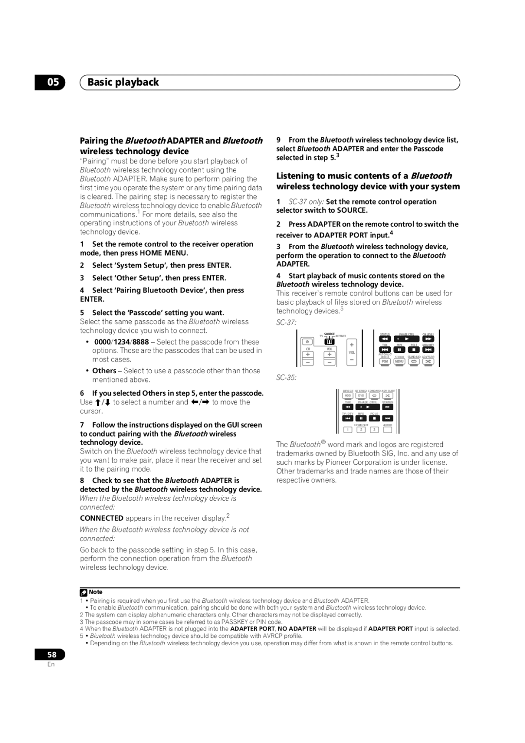 Pioneer SC-35 manual Enter, Select the ‘Passcode’ setting you want, Connected appears in the receiver display.2, Adapter 