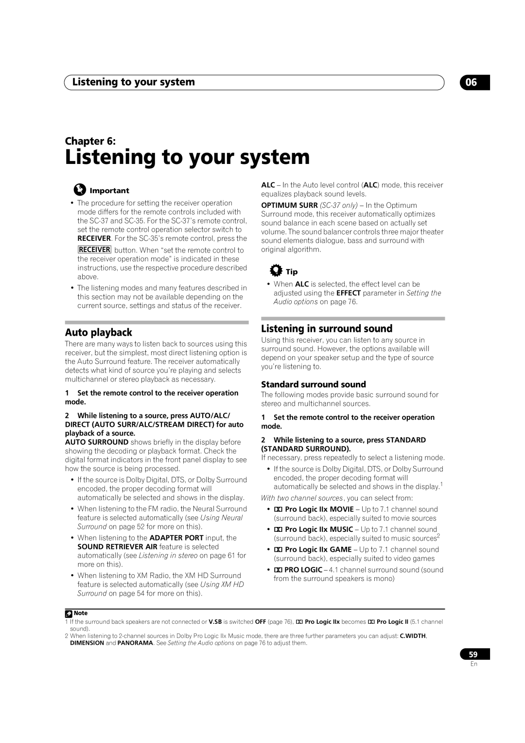 Pioneer SC-35 Listening to your system Chapter, Auto playback, Listening in surround sound, Standard surround sound 