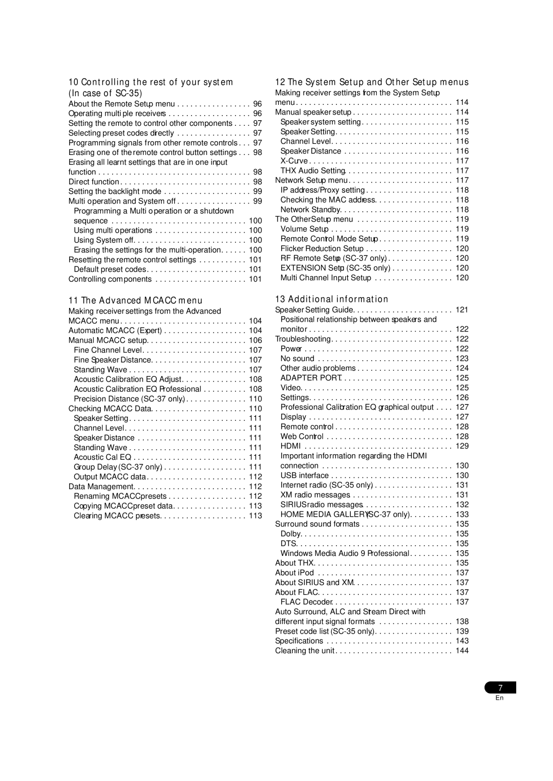 Pioneer Controlling the rest of your system In case of SC-35, System Setup and Other Setup menus, Advanced Mcacc menu 