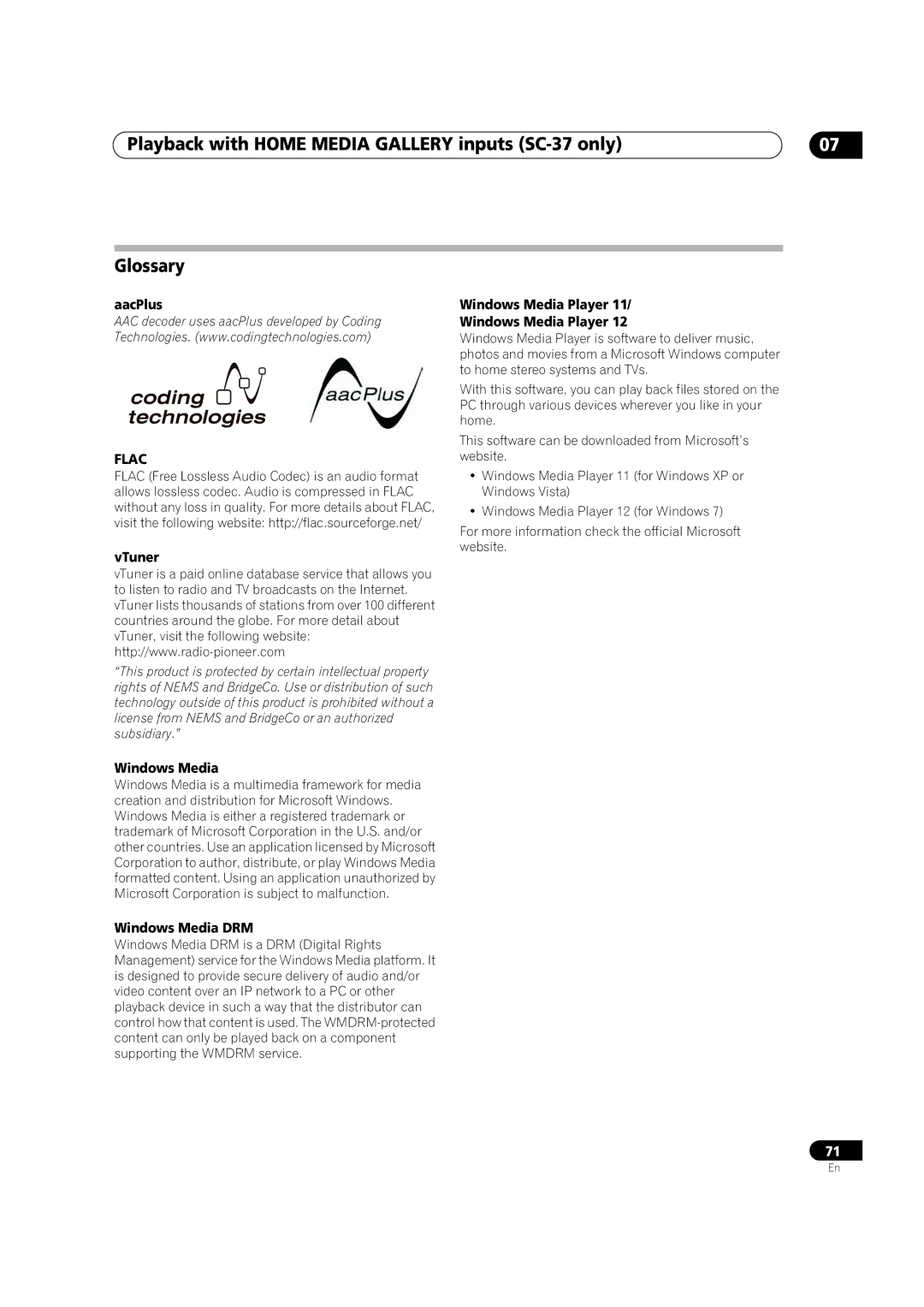 Pioneer SC-35 manual Playback with Home Media Gallery inputs SC-37 only Glossary 