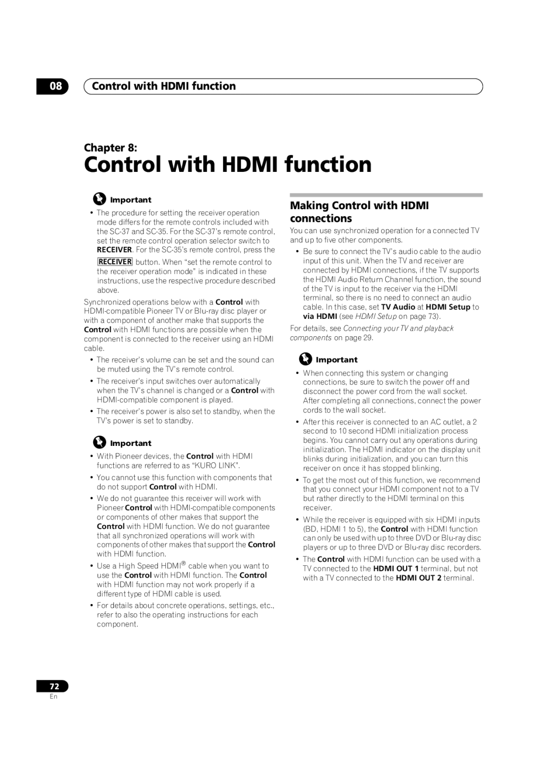 Pioneer SC-35 manual Control with Hdmi function Chapter, Making Control with Hdmi connections 