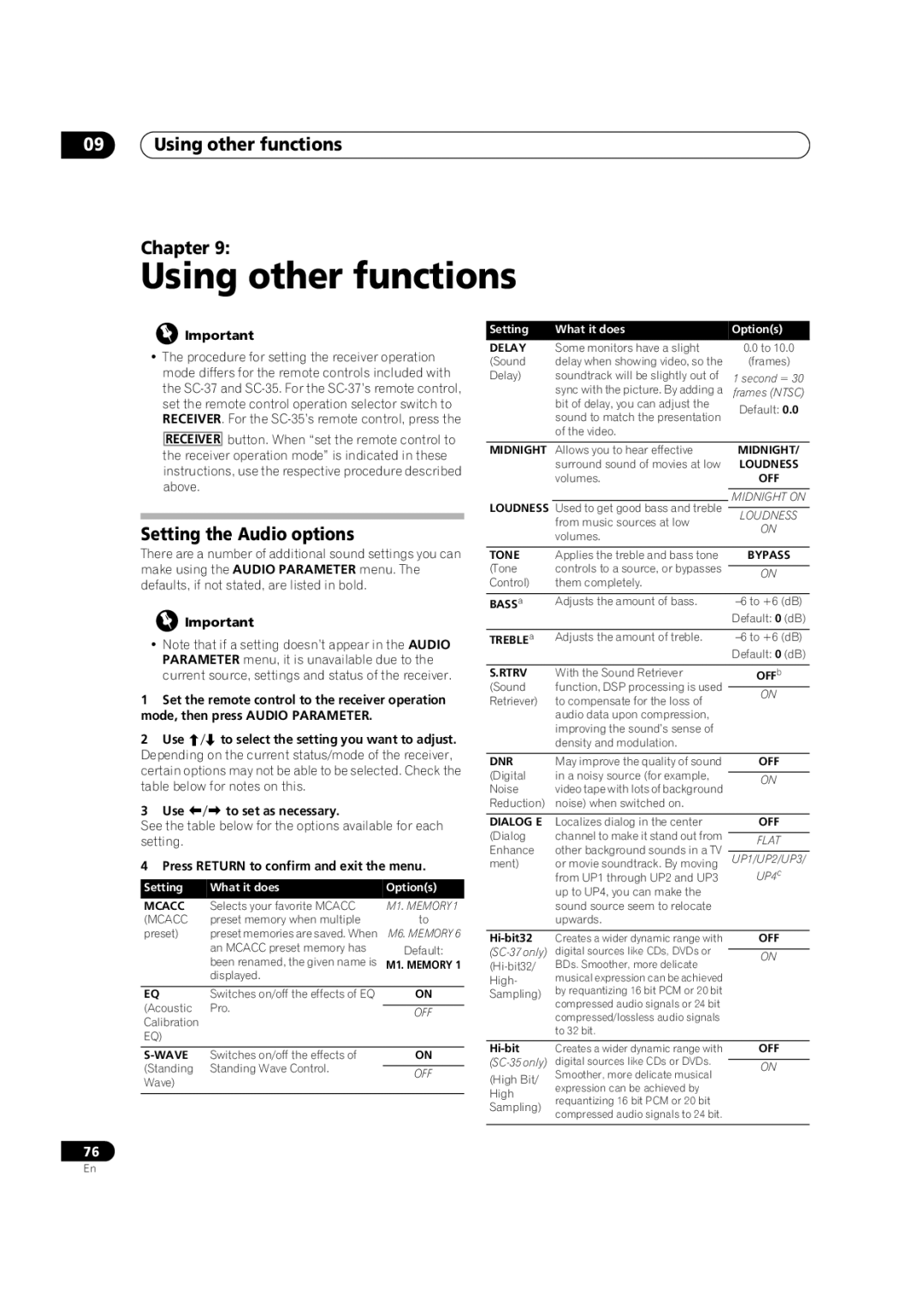 Pioneer SC-35 Using other functions Chapter, Setting the Audio options, Press Return to confirm and exit the menu 