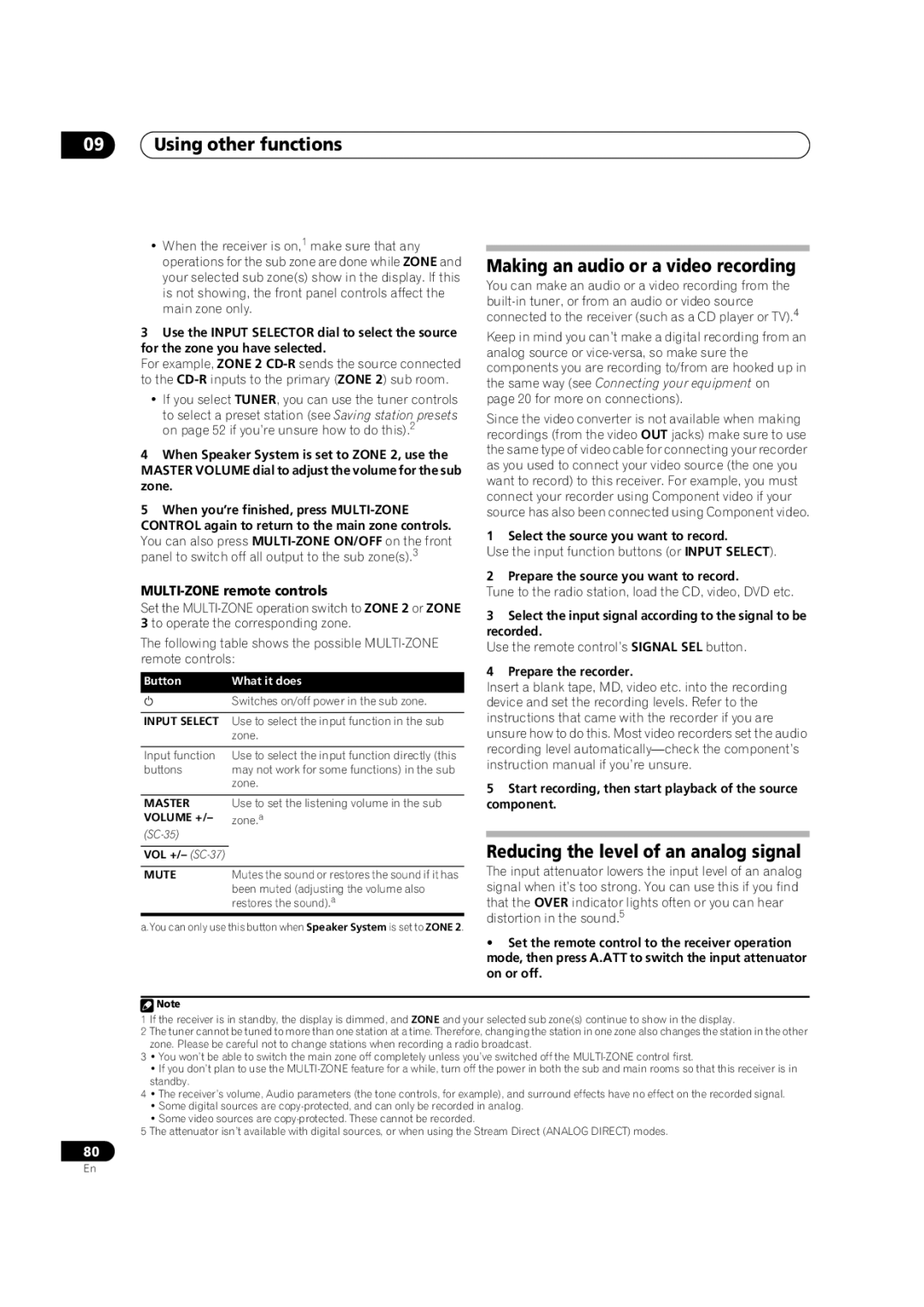 Pioneer SC-35 Making an audio or a video recording, Reducing the level of an analog signal, MULTI-ZONE remote controls 