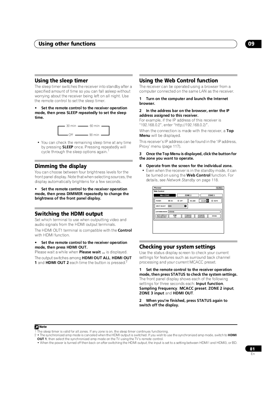 Pioneer SC-35 manual Using other functions Using the sleep timer, Dimming the display, Switching the Hdmi output 