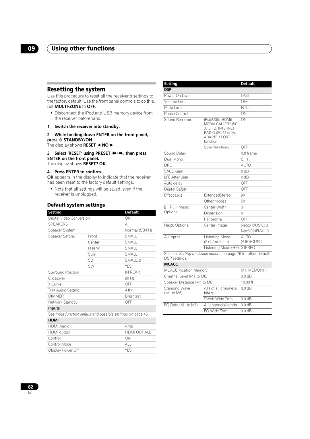 Pioneer SC-35 manual Using other functions Resetting the system, Default system settings, Display shows Reset  no , Dsp 