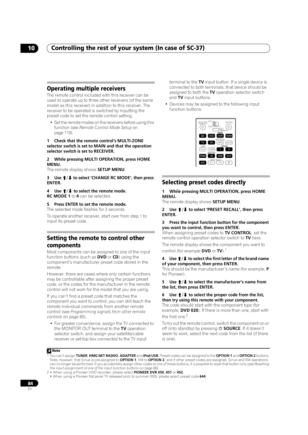 Pioneer SC-35 manual Setting the remote to control other components, Selecting preset codes directly 