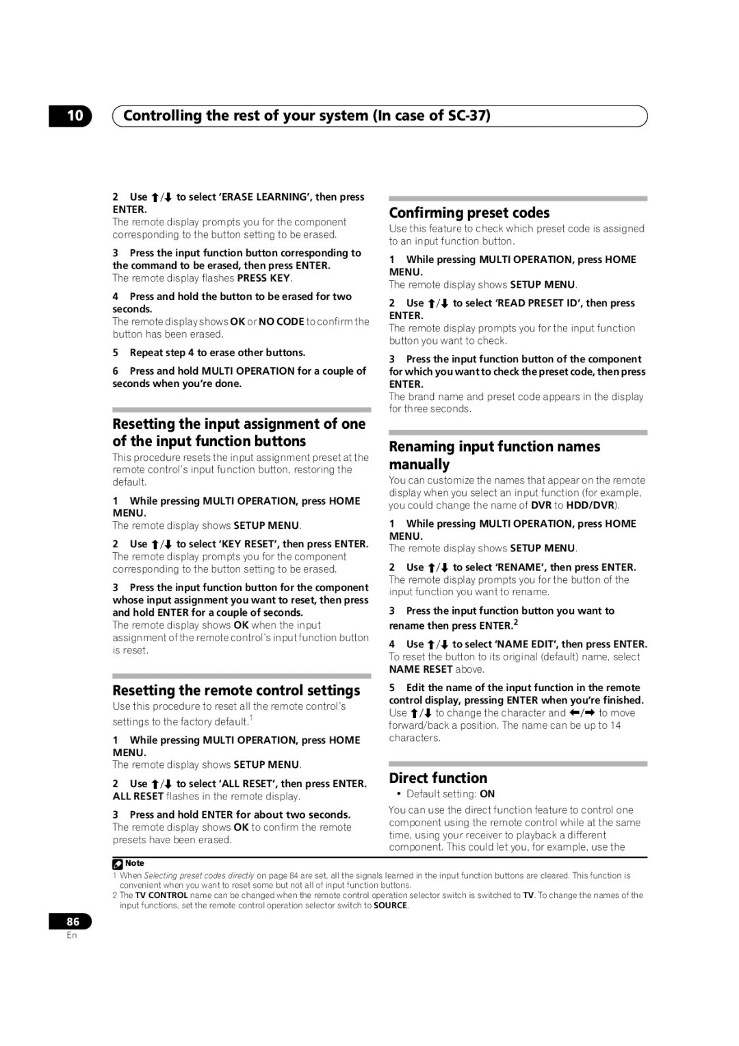 Pioneer SC-35 Confirming preset codes, Resetting the remote control settings, Renaming input function names manually 