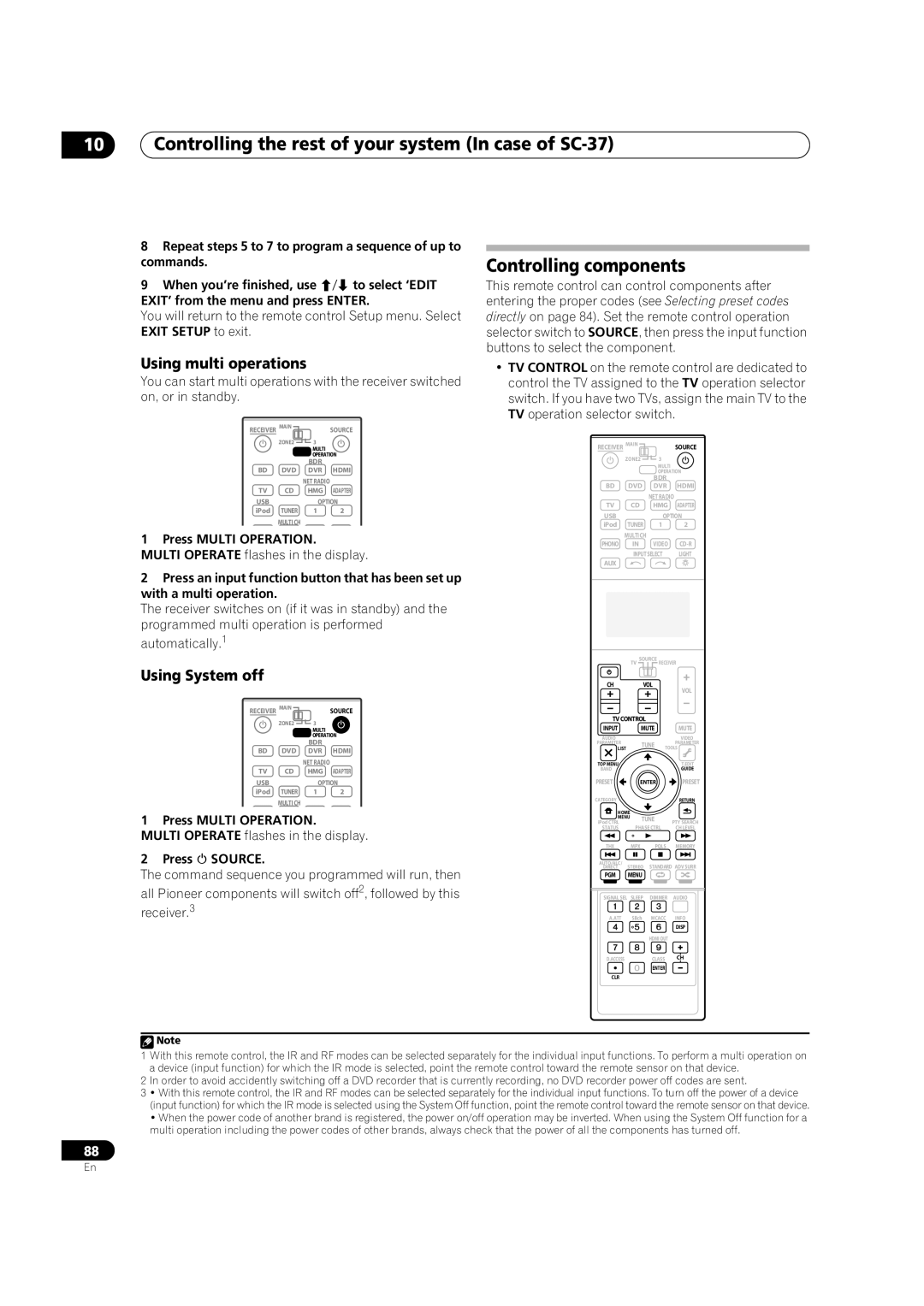 Pioneer SC-35 Controlling components, Using multi operations, Using System off, Press Multi Operation, Press  Source 