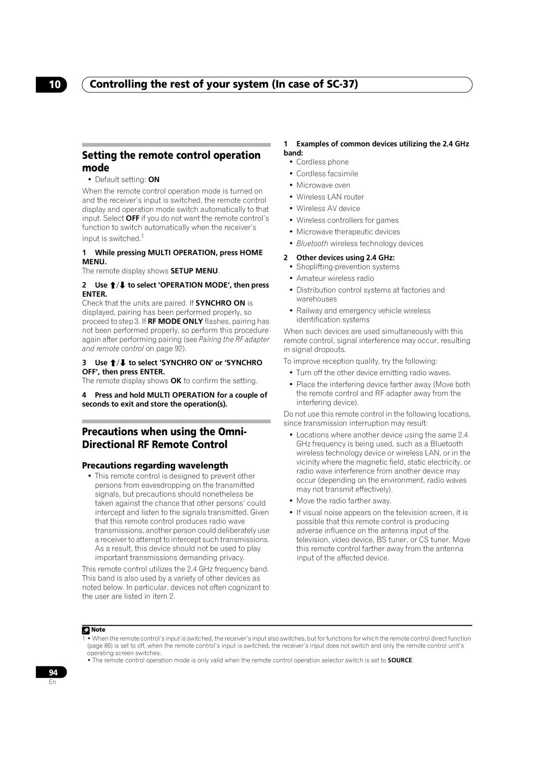 Pioneer SC-35 manual Precautions regarding wavelength, Use / to select ‘OPERATION MODE’, then press 