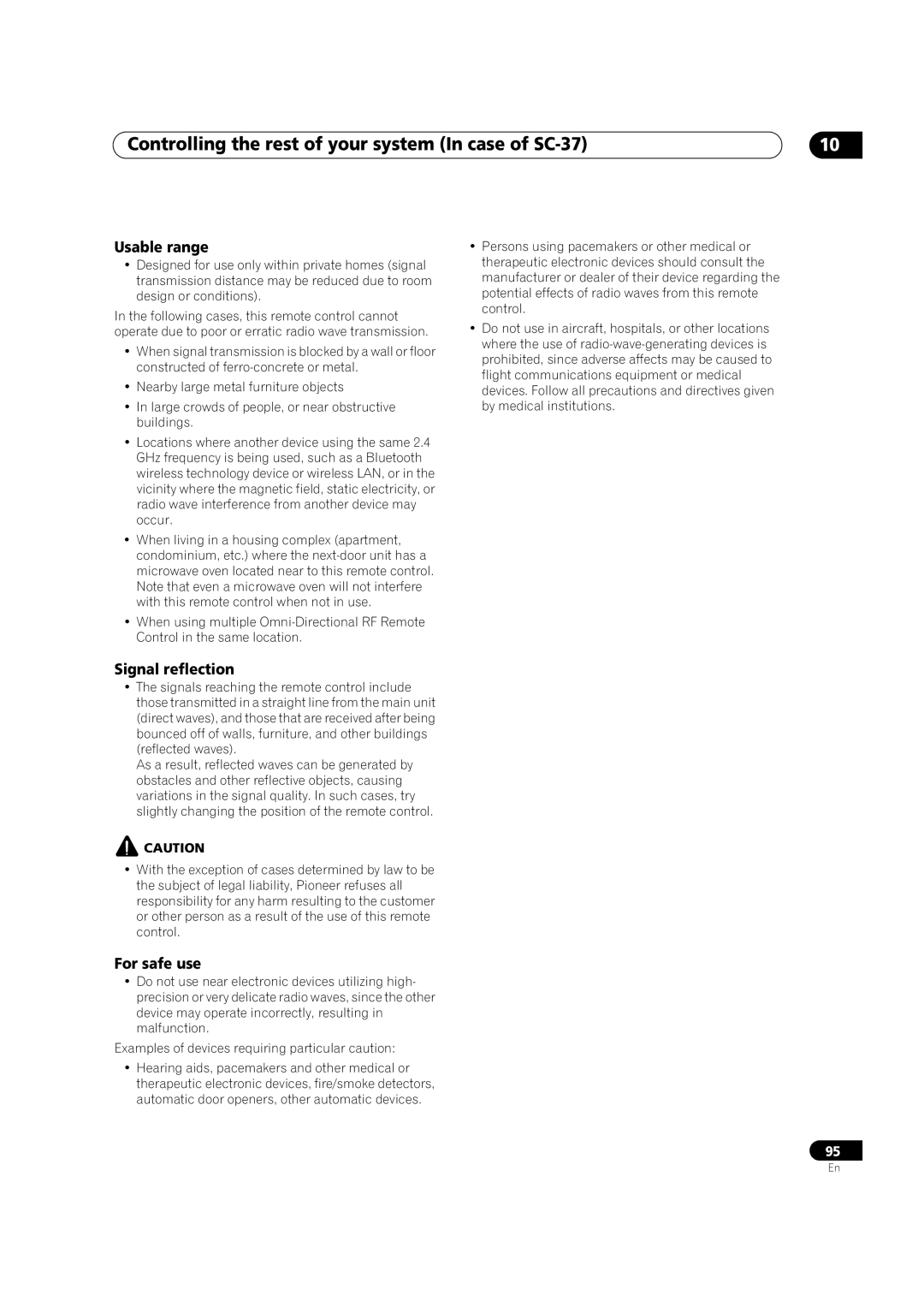 Pioneer SC-35 manual Usable range, Signal reflection, For safe use 