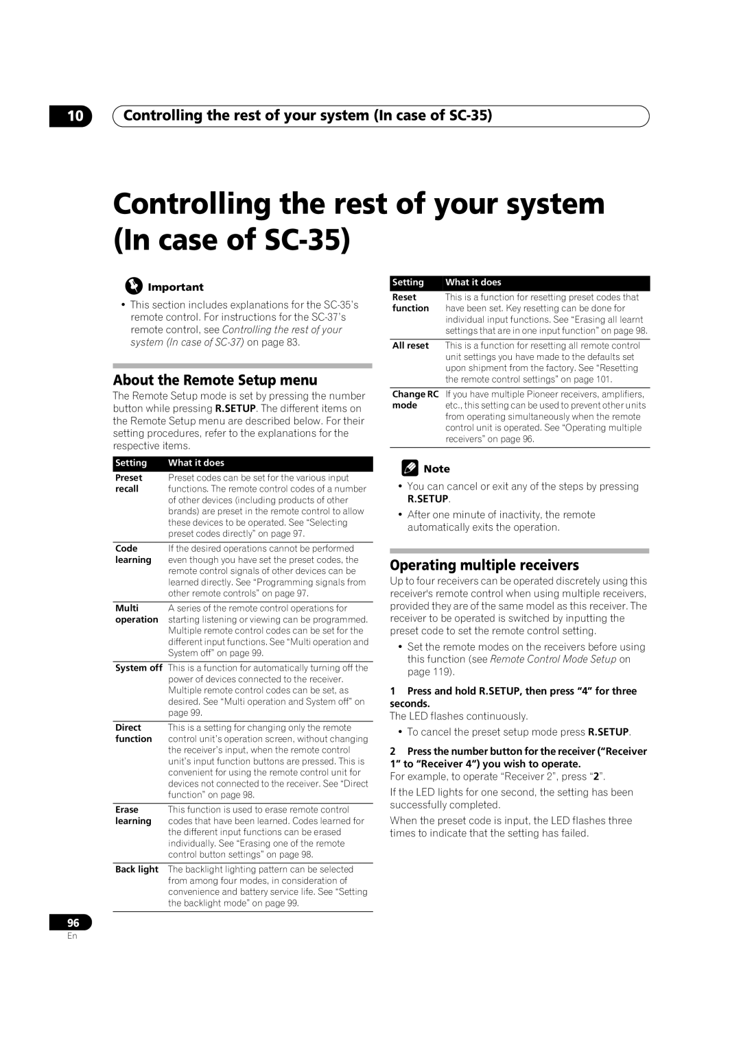 Pioneer Controlling the rest of your system In case of SC-35, Press and hold R.SETUP, then press 4 for three seconds 