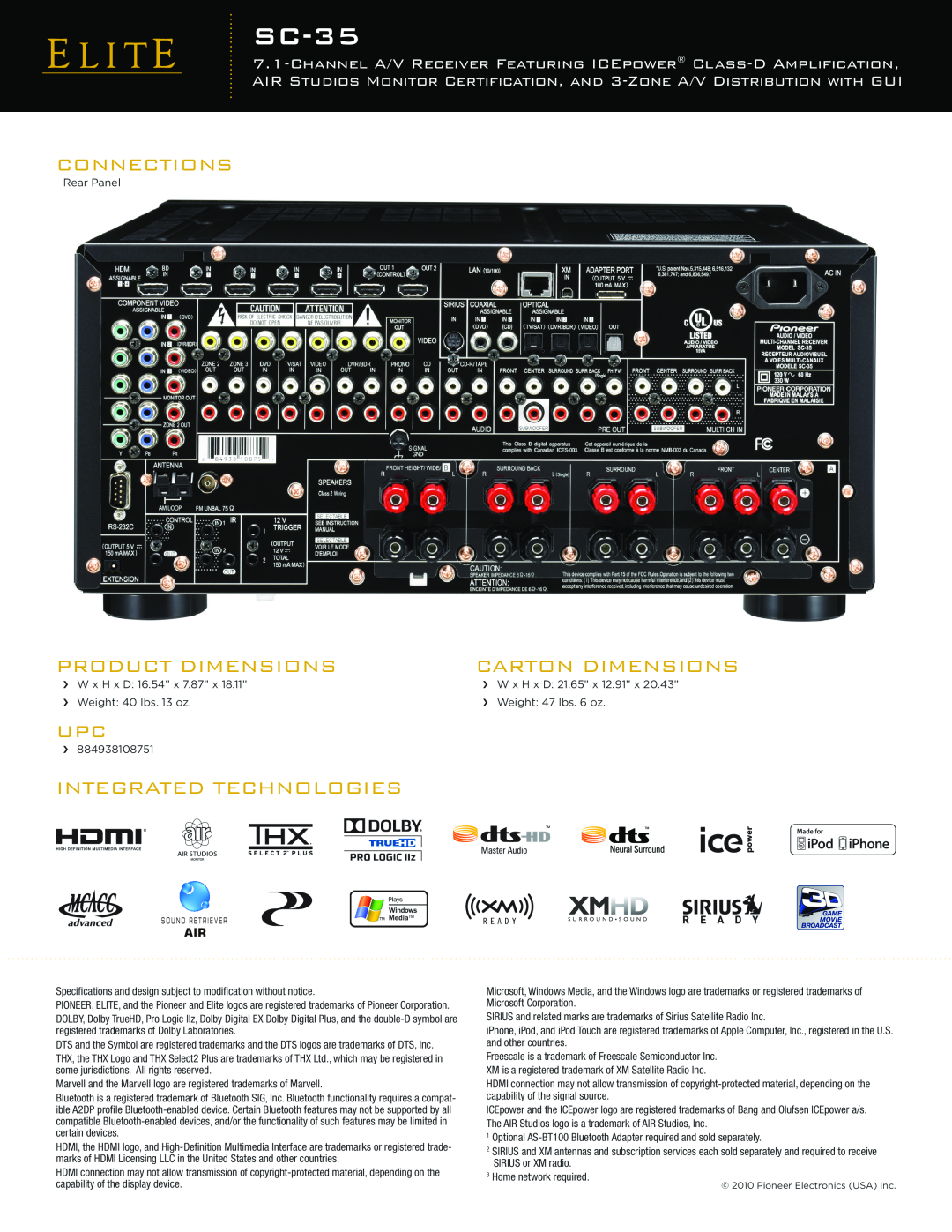 Pioneer SC-35 manual Connections, Product Dimensions, Carton Dimensions, Integrated Technologies 