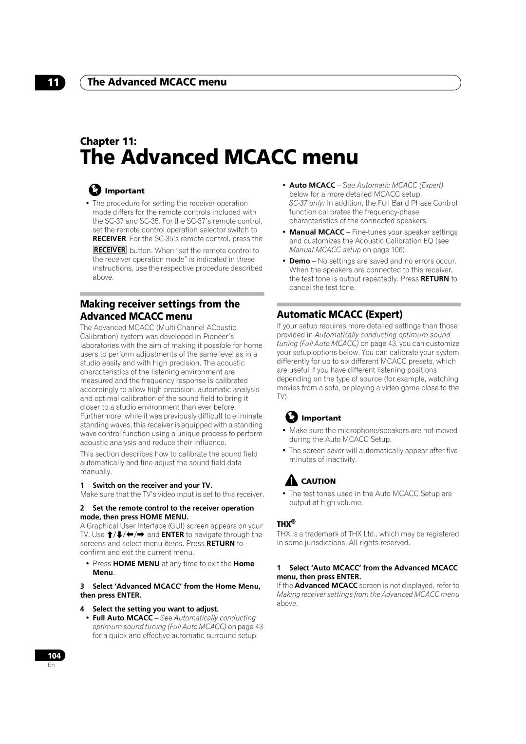 Pioneer SC-35 manual 11The Advanced MCACC menu Chapter, Automatic MCACC Expert 
