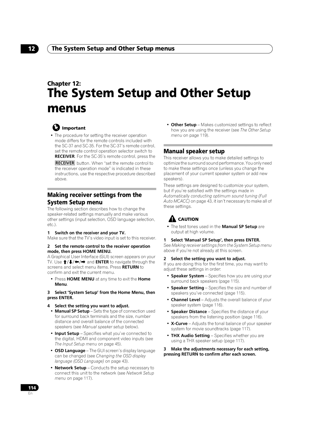 Pioneer SC-35 12The System Setup and Other Setup menus Chapter, Making receiver settings from the, System Setup menu 