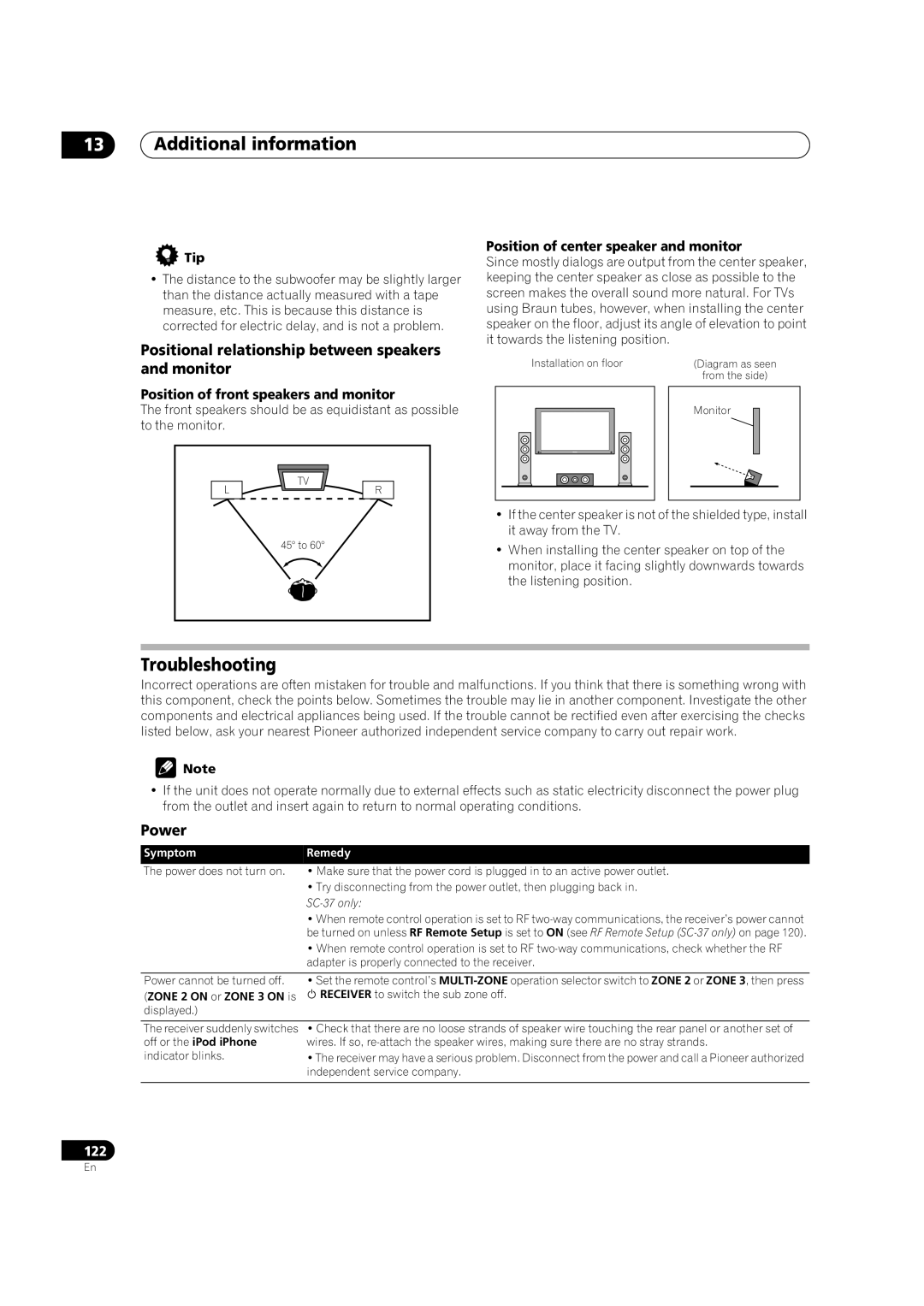 Pioneer SC-35 manual 13Additional information, Troubleshooting, Power, Position of front speakers and monitor 