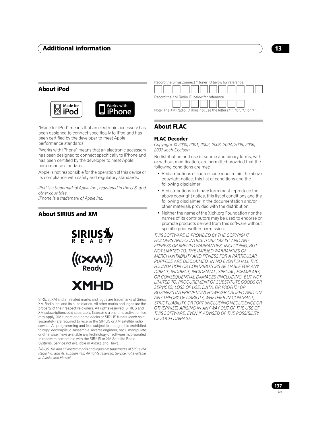 Pioneer SC-35 manual About iPod, About SIRIUS and XM, About FLAC, FLAC Decoder, Additional information 