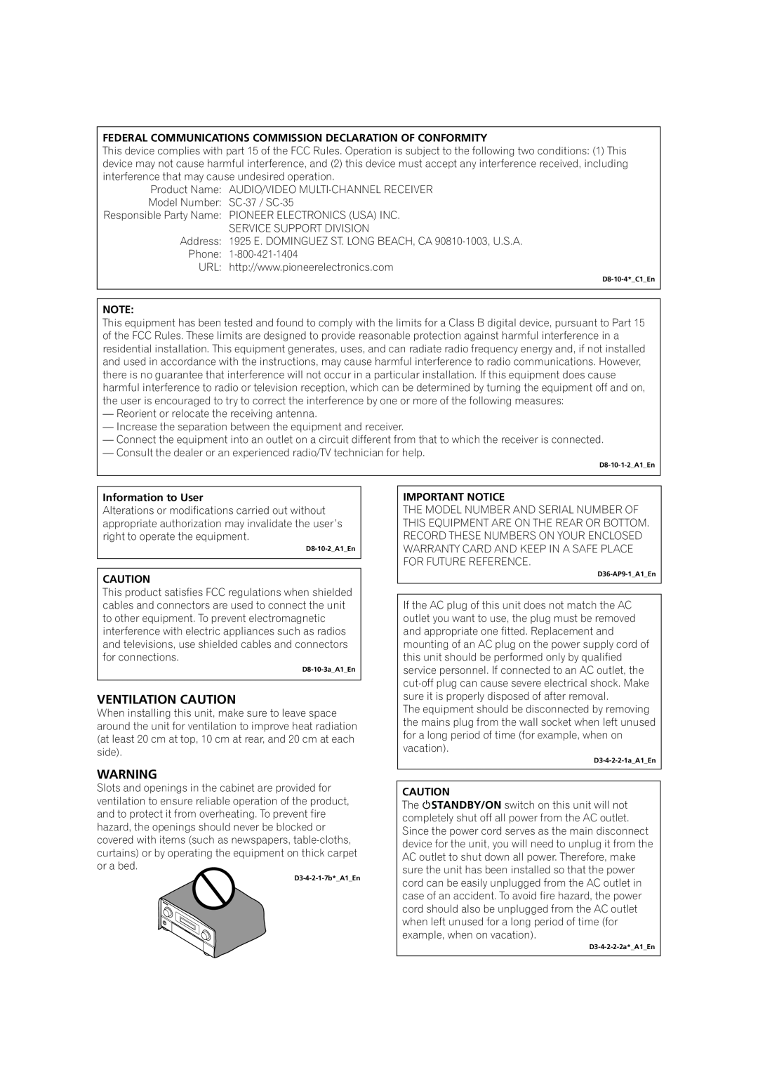 Pioneer SC-35 manual Ventilation Caution, Information to User, Important Notice 