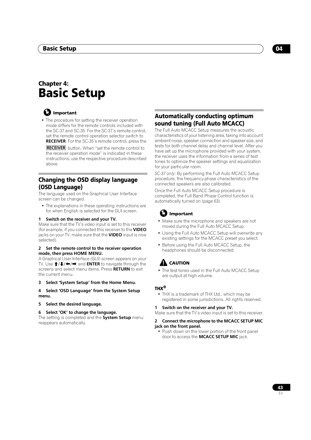 Pioneer SC-35 manual Basic Setup Chapter, Changing the OSD display language OSD Language 