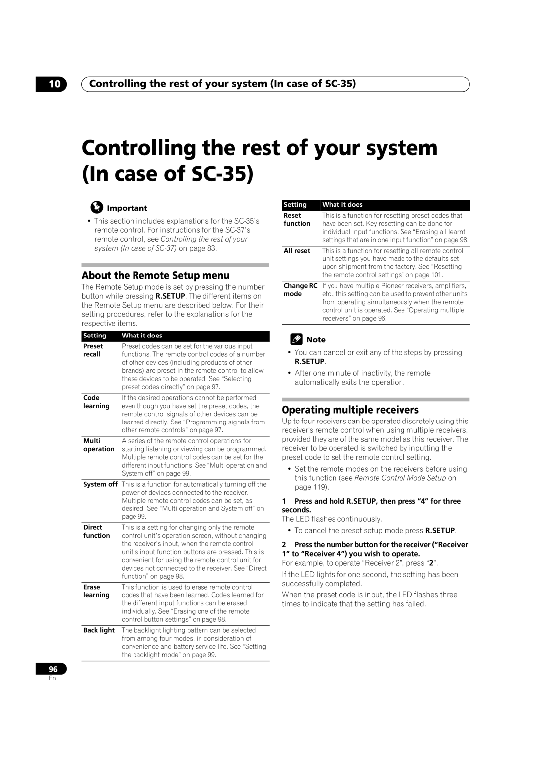 Pioneer SC-35 manual About the Remote Setup menu, Operating multiple receivers 