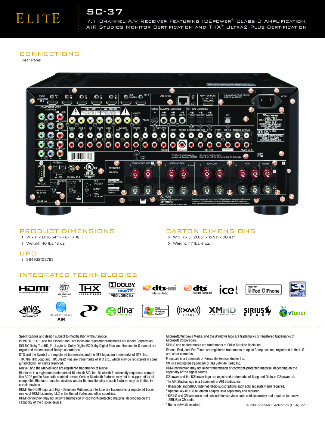 Pioneer SC-37 manual Connections, Product Dimensions Carton Dimensions, UPC Integrated Technologies 