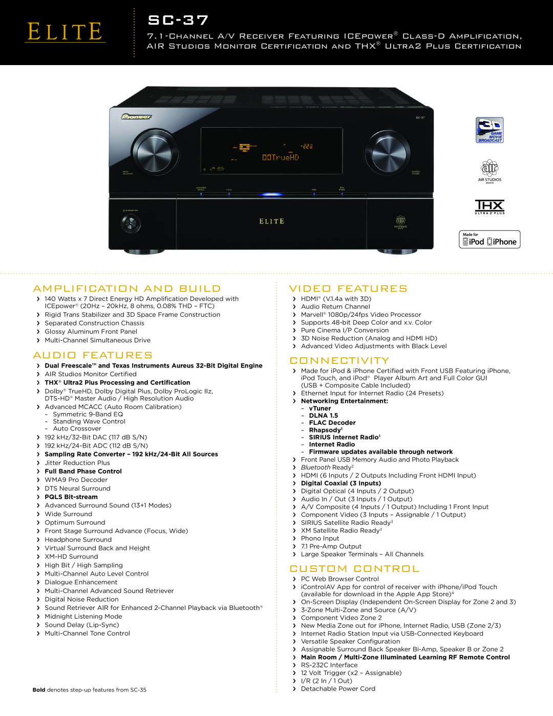 Pioneer SC-37 manual Amplification And Build, Audio Features, Video Features, Connectivity, Custom Control 