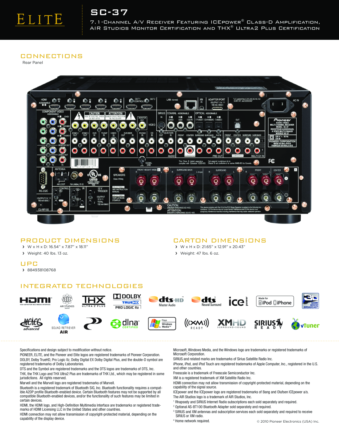 Pioneer SC-37 manual Connections, Product Dimensions, Carton Dimensions, Integrated Technologies 