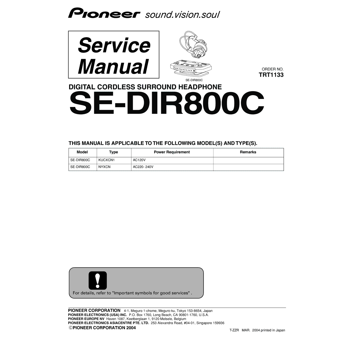 Pioneer SE-DIR800C manual This Manual is Applicable to the Following Models and Types 