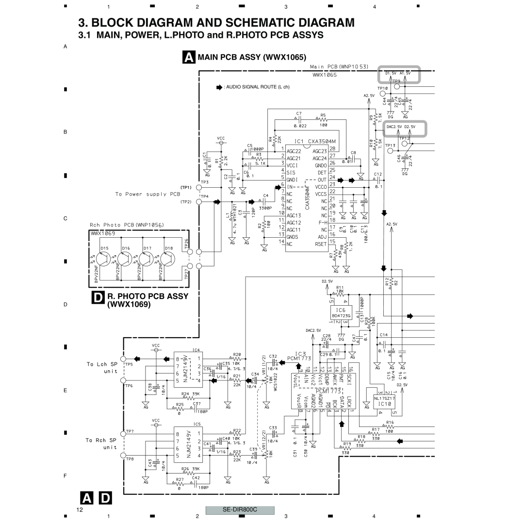 Pioneer SE-DIR800C manual Block Diagram And Schematic Diagram, MAIN, POWER, L.PHOTO and R.PHOTO PCB ASSYS 