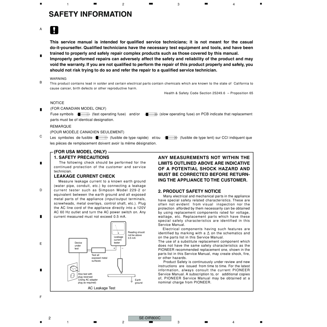 Pioneer SE-DIR800C manual Safety Information, FOR USA MODEL ONLY1. SAFETY PRECAUTIONS, Leakage Current Check 