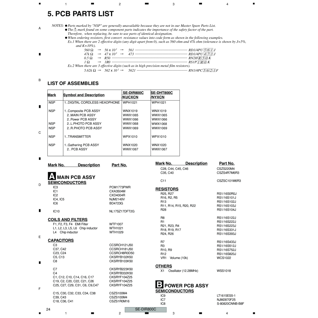 Pioneer SE-DIR800C manual Pcb Parts List, List Of Assemblies, Amain Pcb Assy, Bpower Pcb Assy 
