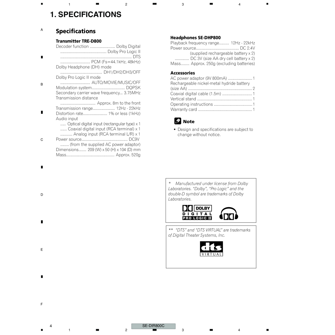 Pioneer SE-DIR800C manual ASpecifications, Transmitter TRE-D800, Headphones SE-DHP800, Accessories 