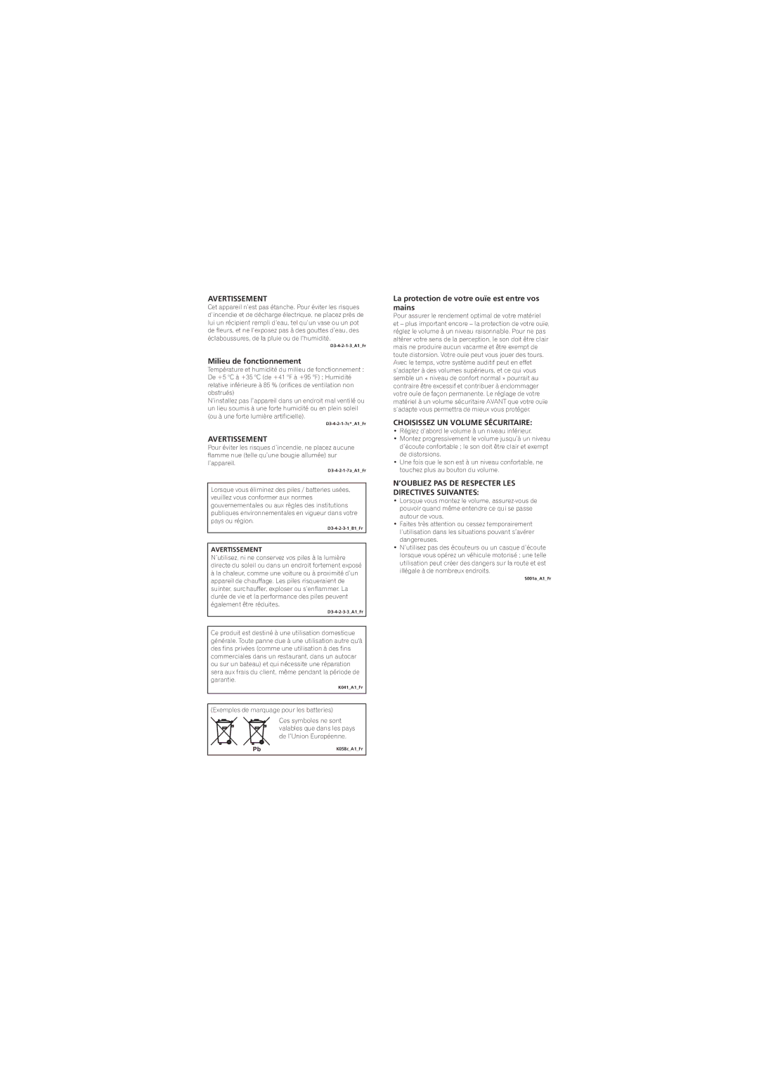 Pioneer SE-NC31C-K operating instructions Avertissement 