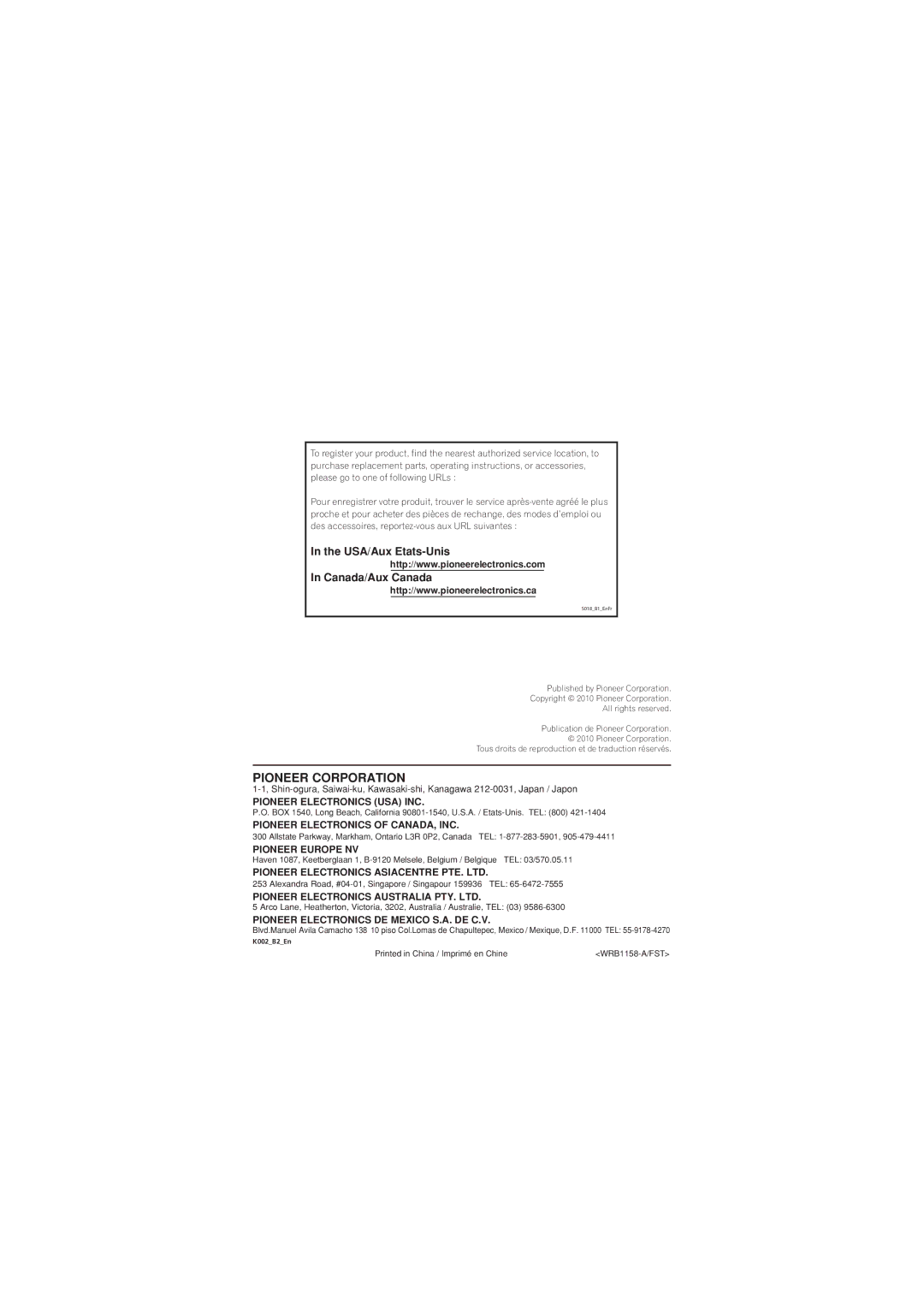 Pioneer SE-NC31C-K operating instructions Pioneer Corporation 