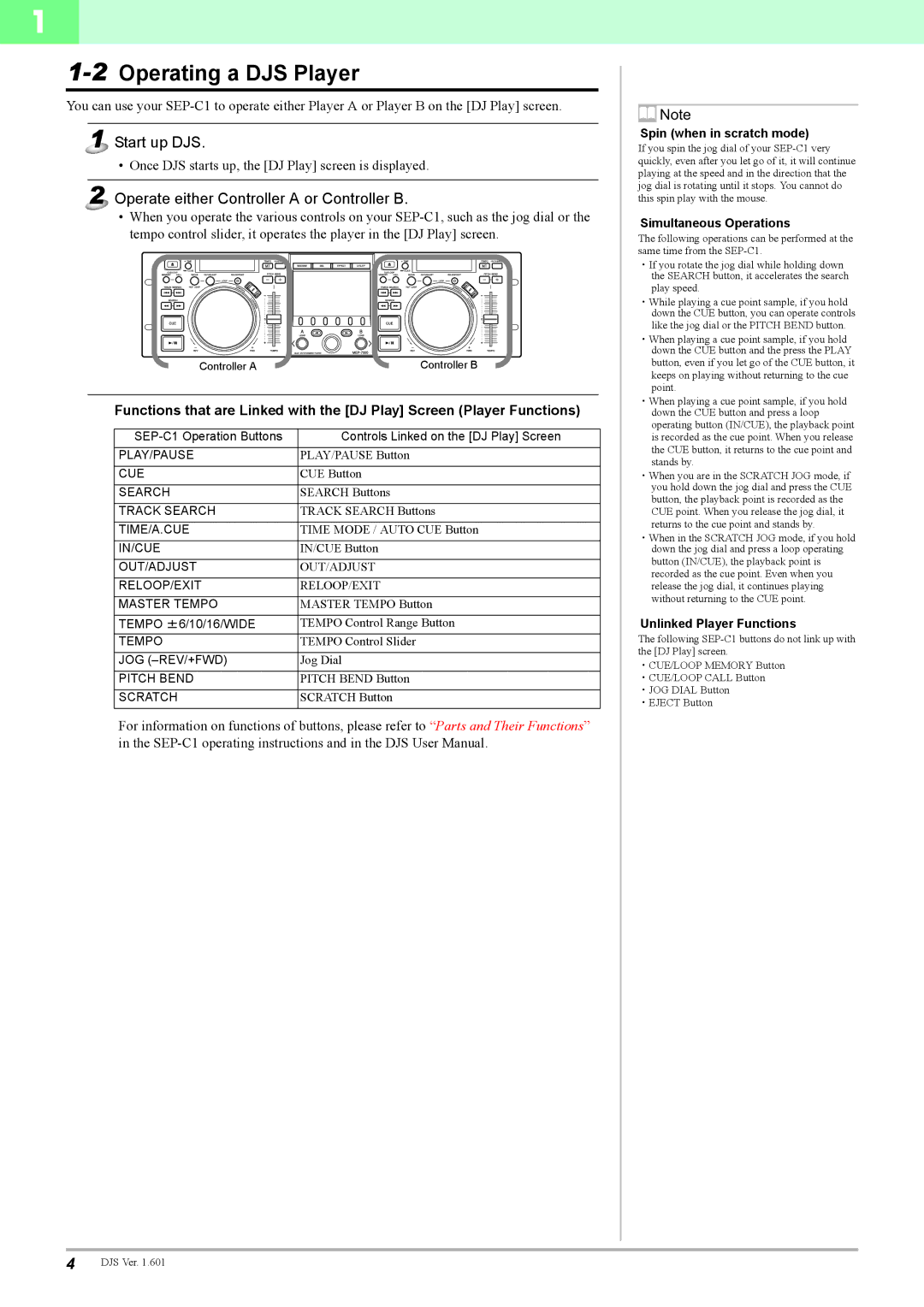 Pioneer SEP-C1 manual 2Operating a DJS Player, Start up DJS, Operate either Controller a or Controller B 