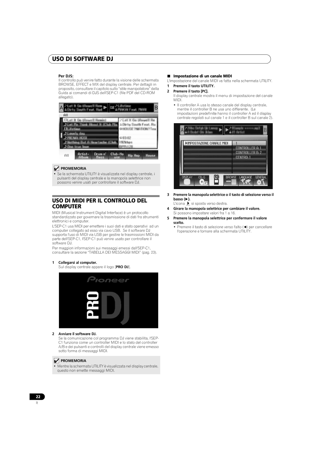 Pioneer SEP-C1 operating instructions USO DI Midi PER IL Controllo DEL Computer, Per DJS,  Impostazione di un canale Midi 